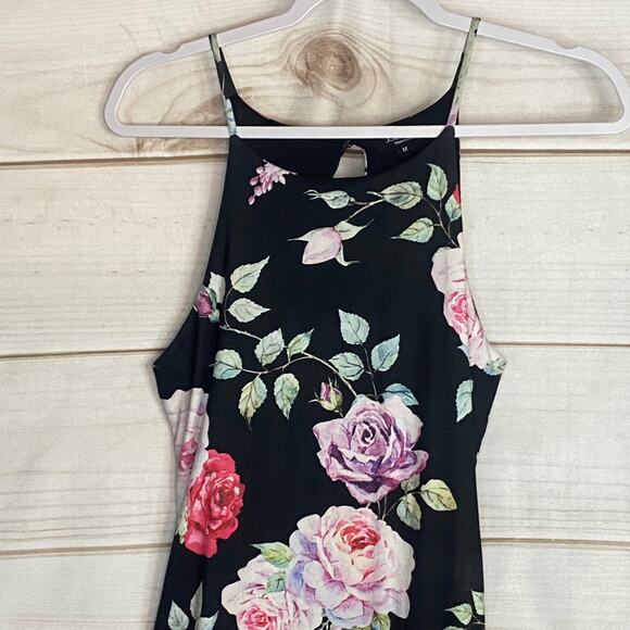 Joe & Elle Black Floral Print High Neck Bodycon Midi Dress Size Medium - Picture 2 of 8